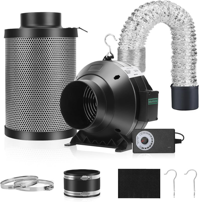 MELONFARM Air Filtration Kit, 4" 190 CFM Inline Duct Fan with Speed Controller, 12" High Carbon Filter, 8 Ft Ducting & Rubber Coupler, Air Cooling and Filtration Kit for Grow Tent, Hydroponics - Image 1